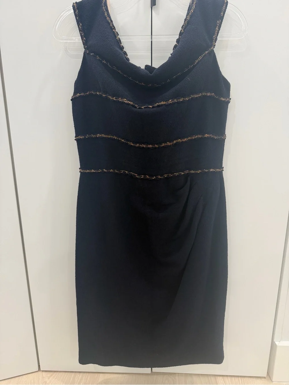 CHANEL Black Midi Dress with Gold Trim and Signature Charm
